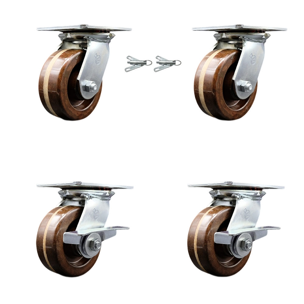 Heavy Duty Large Top Plate High Temperature Phenolic Swivel Caster Set of 4 w/5" x 2" Brown Wheels-Includes 2 Swivel with Bolt on Swvl Lcks&2 Swvl with Brakes-4000lbs Total Cpty - Service Caster Brand — photo 1