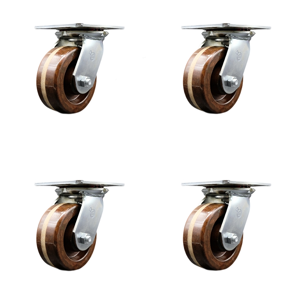 Heavy Duty Large Top Plate High Temperature Phenolic Swivel Caster Set of 4 w/5" x 2" Brown Wheels - Includes 4 Swivel w/Bolt on Swivel Locks - 4000 lbs Total Capacity - Service Caster Brand — photo 1