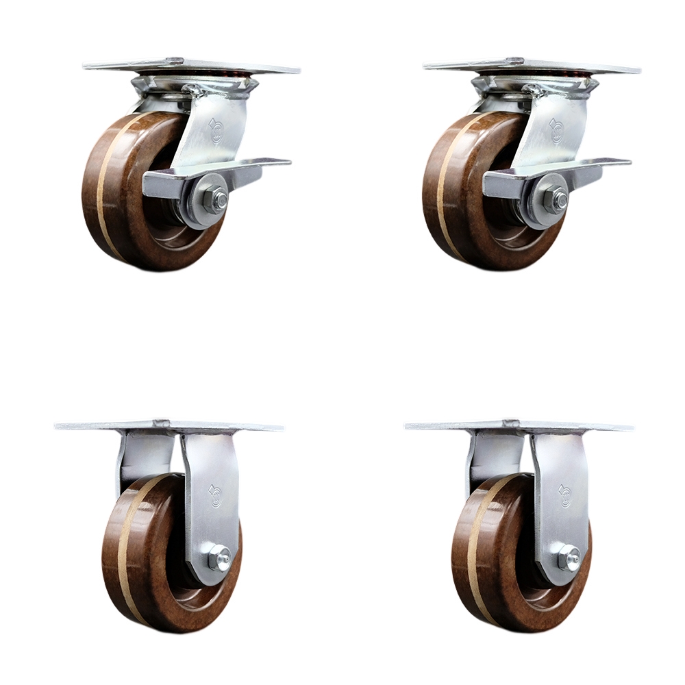 Heavy Duty Large Top Plate High Temperature Phenolic Swivel Caster Set of 4 w/5" x 2" Brown Wheels - Includes 2 Swivel with Brakes & 2 Rigid - 4000 lbs Total Capacity - Service Caster Brand — photo 1
