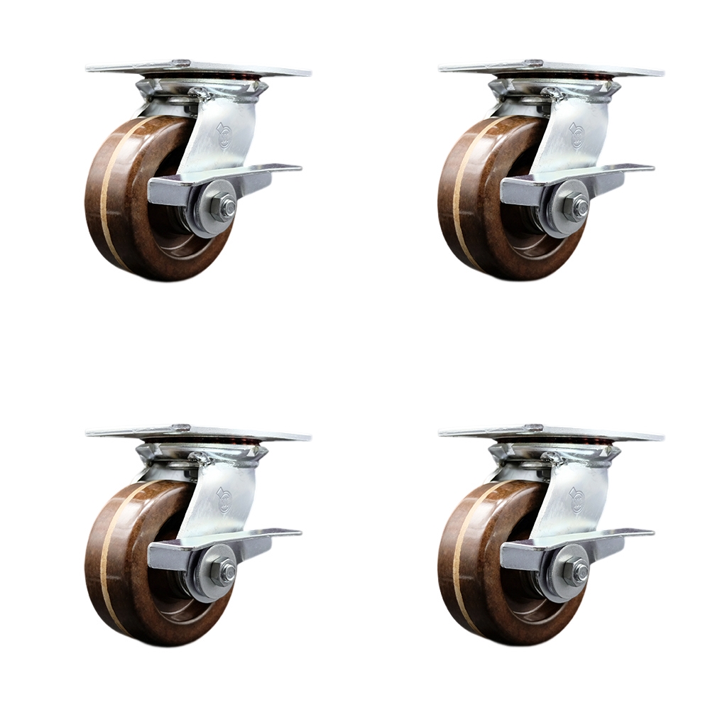 Heavy Duty Large Top Plate High Temperature Phenolic Swivel Caster Set of 4 w/5" x 2" Brown Wheels - Includes 4 Swivel w/Side Lck Brakes - 4000 lbs Total Capacity - Service Caster Brand — photo 1