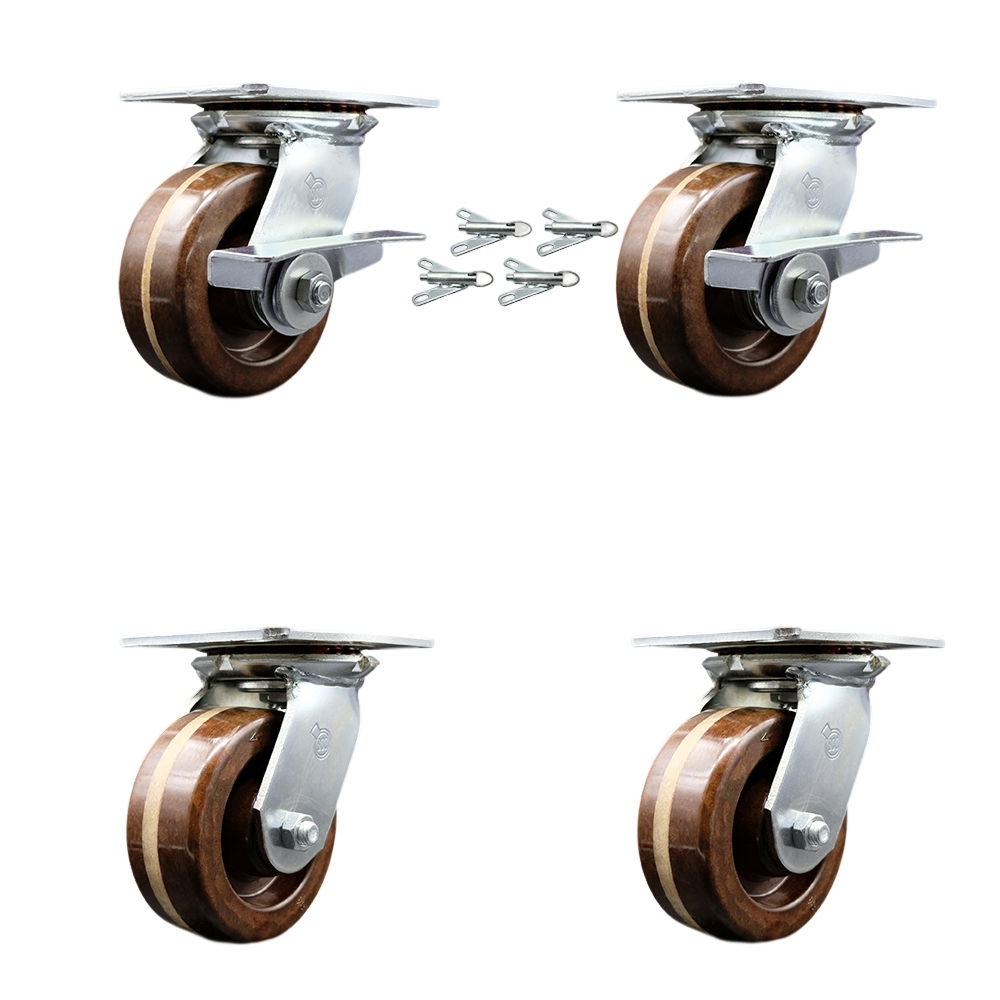 Heavy Duty Large Top Plate High Temp Phenolic Swvl Caster Set 4 w/5" x 2" Brown Wheels-Includes 2 Swvl w/BRKs and Bolt on Swvl Lcks& 2 Swvl w/Bolt on Swvl Lcks-4000 lbs Total Cpty-Service Caster Brand — photo 1