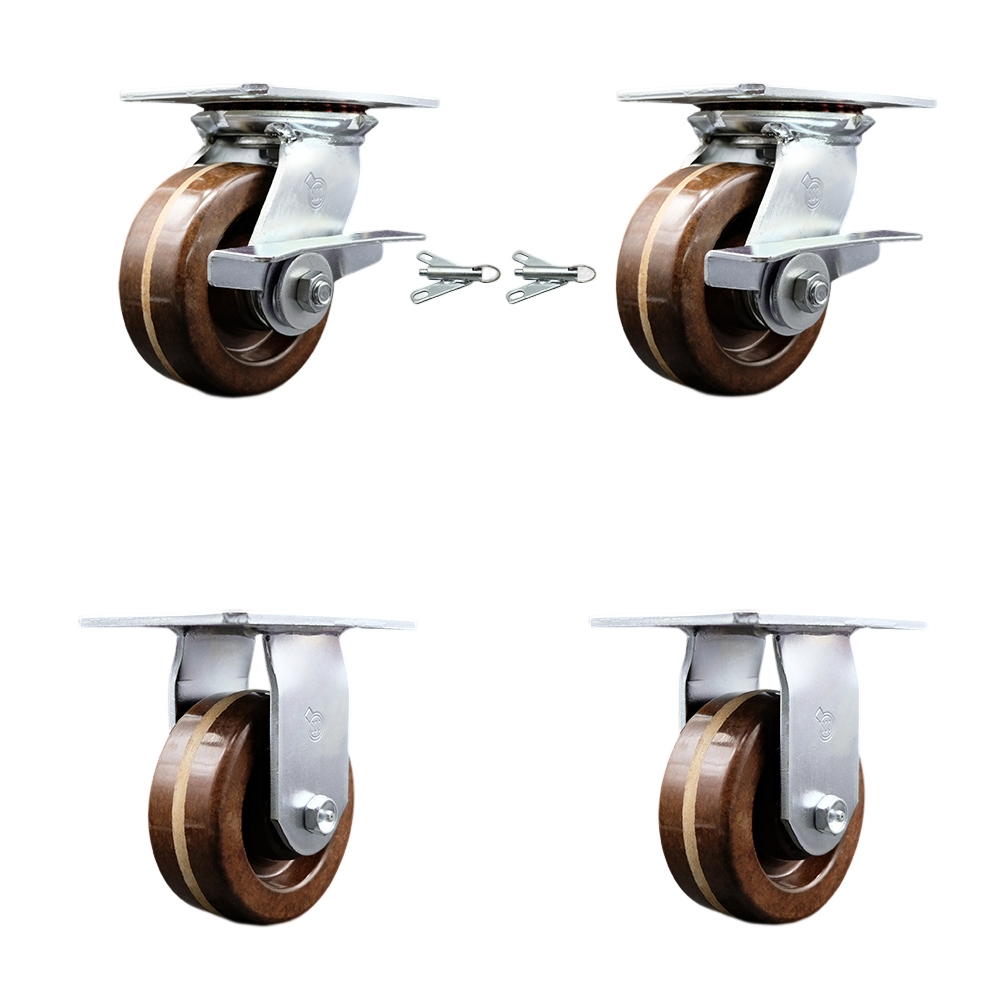 Heavy Duty Large Top Plate High Temperature Phenolic Swivel Caster Set of 4 w/5" x 2" Brown Wheels-Includes 2 Swivel with Brakes and Bolt on Swvl Lcks&2 Rigid-4000lbs Total Cpty - Service Caster Brand — photo 1