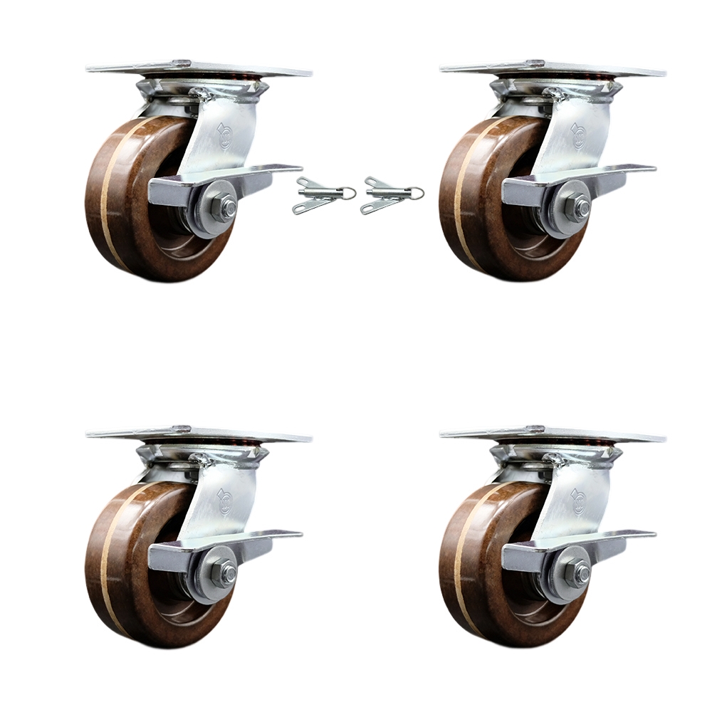 Heavy Duty Large Top Plate High Temp Phenolic Swivel Caster Set 4 w/5" x 2" Brown Wheels-Includes 2 Swivel with Brakes and Bolt on Swvl Lcks&2 Swvl with Brakes-4000 lbs Total Cpty-Service Caster Brand — photo 1