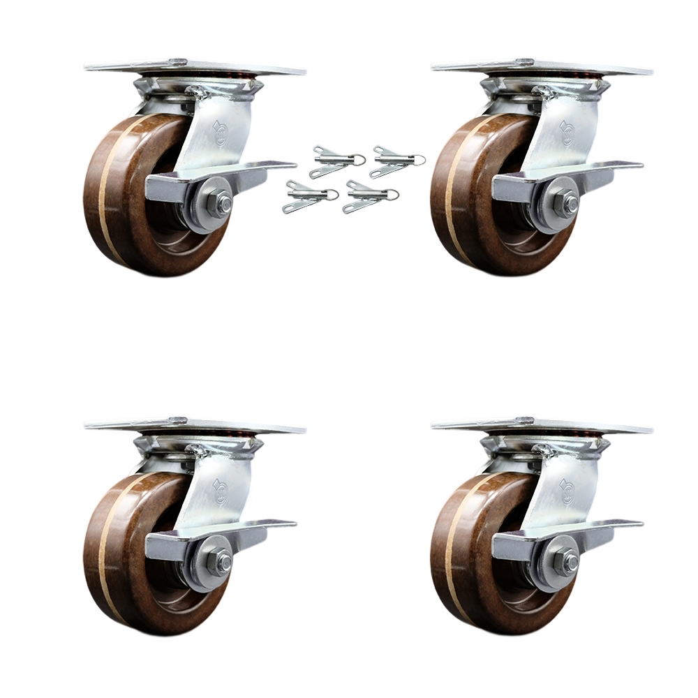 Heavy Duty Large Top Plate High Temperature Phenolic Swivel Caster Set of 4 w/5" x 2" Brown Wheels - Includes 4 Swivel w/Side Lck Brakes&Bolt on Swvl Lcks-4000lbs Total Capacity - Service Caster Brand — photo 1