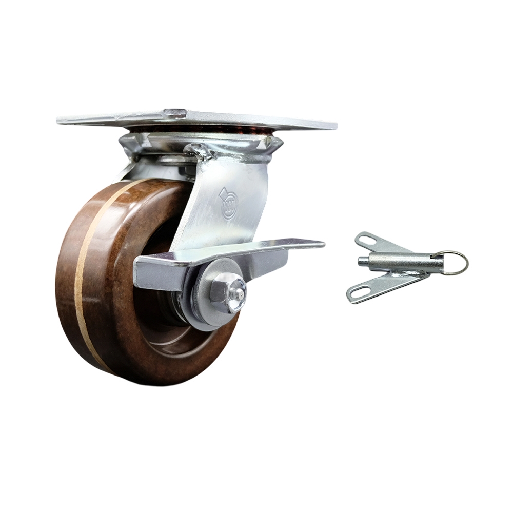 Heavy Duty Large Top Plate High Temperature Phenolic Swivel Caster w/5" x 2" Brown Wheel & Side Lck Brake and Bolt on Swivel Lock - 1000 lbs Capacity/Caster - Service Caster Brand — photo 1