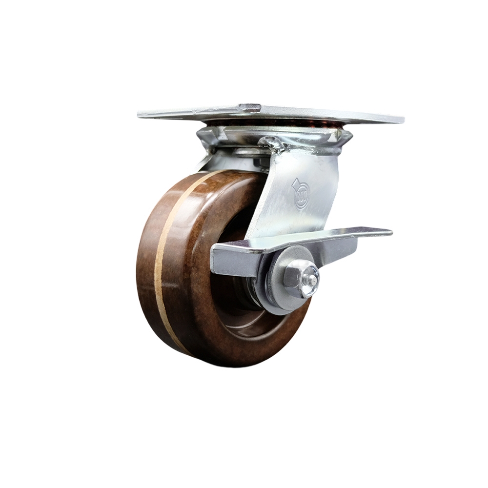 Heavy Duty Large Top Plate High Temperature Phenolic Swivel Caster w/5" x 2" Brown Wheel & Side Lck Brake - 1000 lbs Capacity/Caster - Service Caster Brand — photo 1