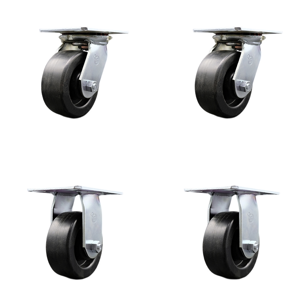 Heavy Duty Large Top Plate Polyolefin Swivel Caster w/Main. Free Bearings Set of 4 w/5" x 2" Black Wheels - Includes 2 Swivel & 2 Rigid - 2600 lbs Total Capacity - Service Caster Brand — photo 1