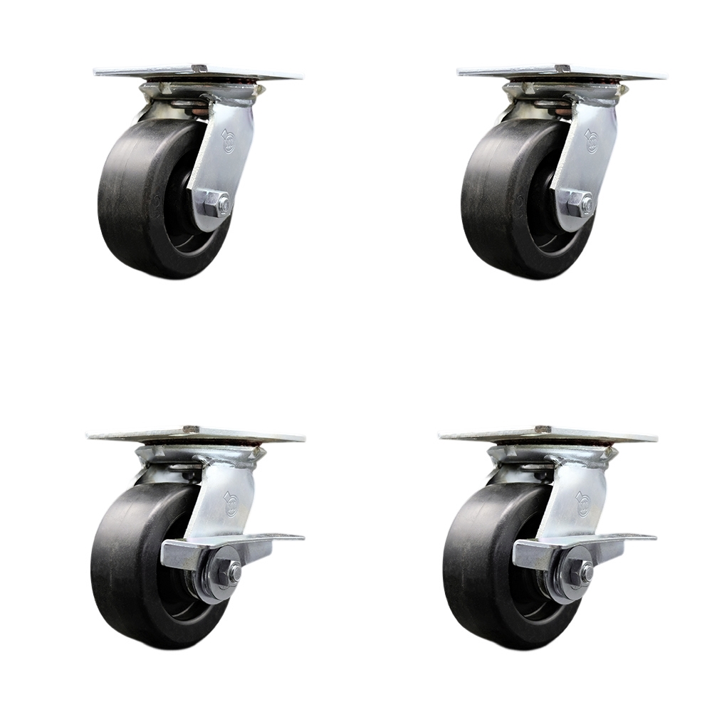 Heavy Duty Large Top Plate Polyolefin Swivel Caster w/Main. Free Bearings Set of 4 w/5" x 2" Black Wheels - Includes 2 Swivel with Brakes & 2 Swivel - 2600 lbs Total Capacity - Service Caster Brand — photo 1