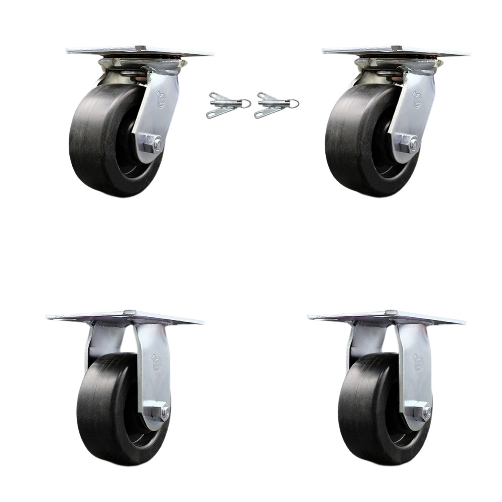 Heavy Duty Large Top Plate Polyolefin Swivel Caster w/Main. Free Bearings Set of 4 w/5" x 2" Black Wheels-Includes 2 Swivel with Bolt on Swivel Locks&2 Rigid-2400 lbs Total Cpty - Service Caster Brand — photo 1