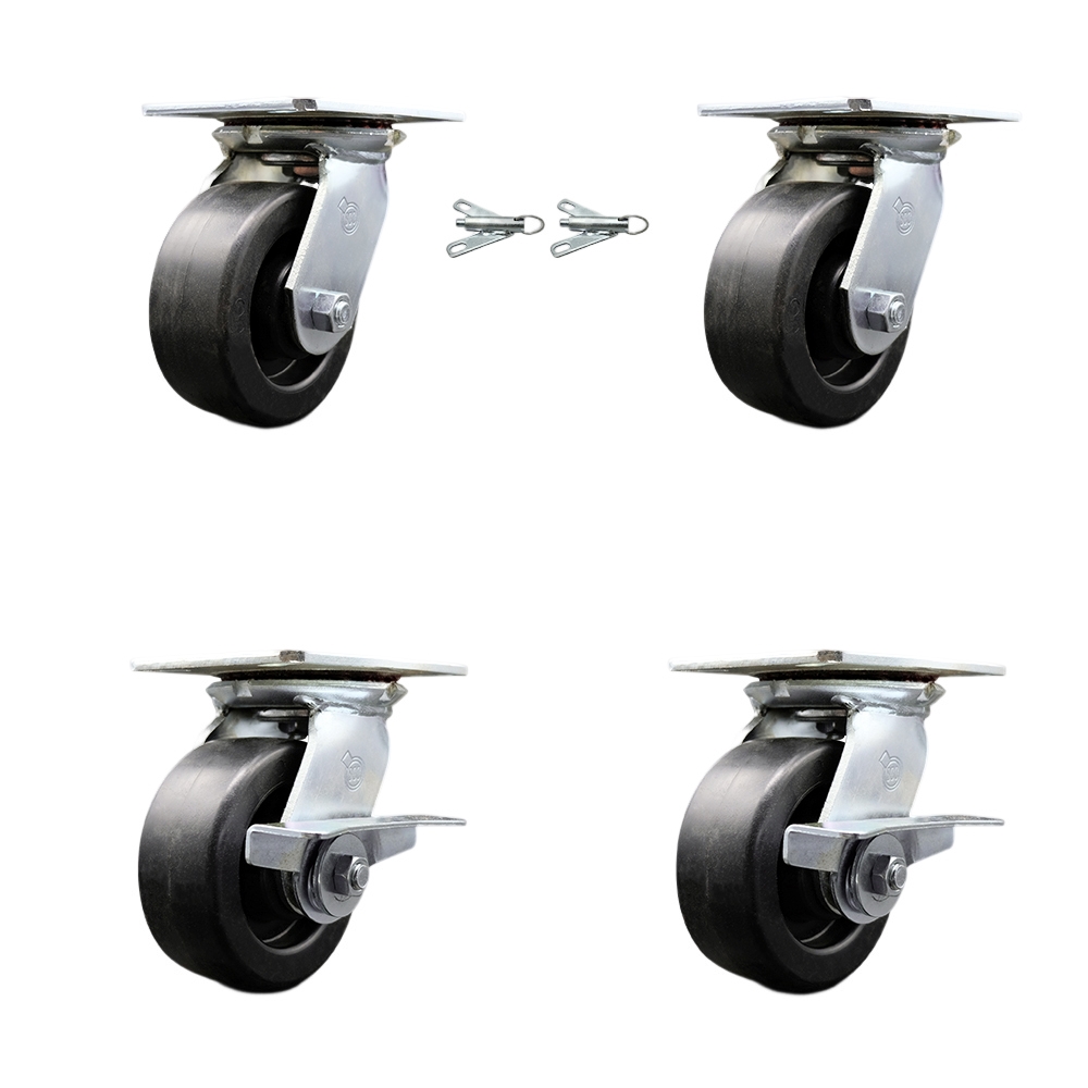 Heavy Duty Large Top Plate Polyolefin Swivel Caster w/Main. Free Bearings Set of 4 w/5" x 2" Black Wheels - Includes 2 Swivel with Bolt on Swivel Locks&2 Swivel with Brakes - Service Caster Brand — photo 1