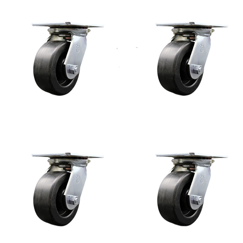 Heavy Duty Large Top Plate Polyolefin Swivel Caster w/Main. Free Bearings Set of 4 w/5" x 2" Black Wheels - Includes 4 Swivel w/Bolt on Swivel Locks - 2600 lbs Total Capacity - Service Caster Brand — photo 1