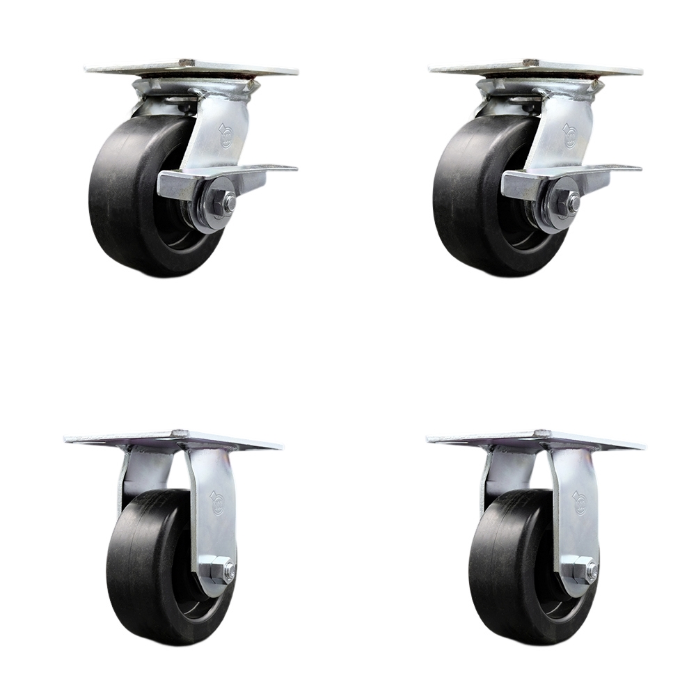 Heavy Duty Large Top Plate Polyolefin Swivel Caster w/Main. Free Bearings Set of 4 w/5" x 2" Black Wheels - Includes 2 Swivel with Brakes & 2 Rigid - 2600 lbs Total Capacity - Service Caster Brand — photo 1