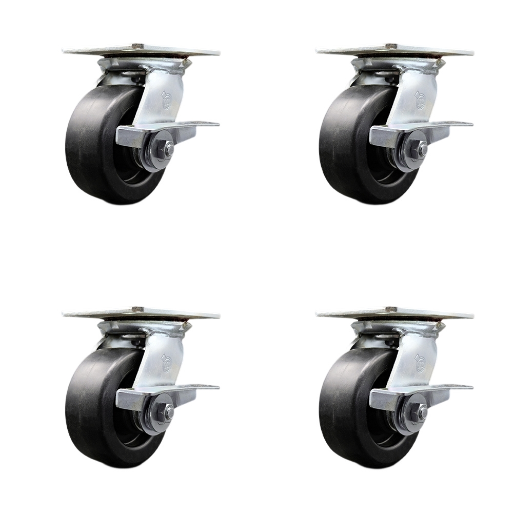 Heavy Duty Large Top Plate Polyolefin Swivel Caster w/Main. Free Bearings Set of 4 w/5" x 2" Black Wheels - Includes 4 Swivel w/Side Lck Brakes - 2600 lbs Total Capacity - Service Caster Brand — photo 1