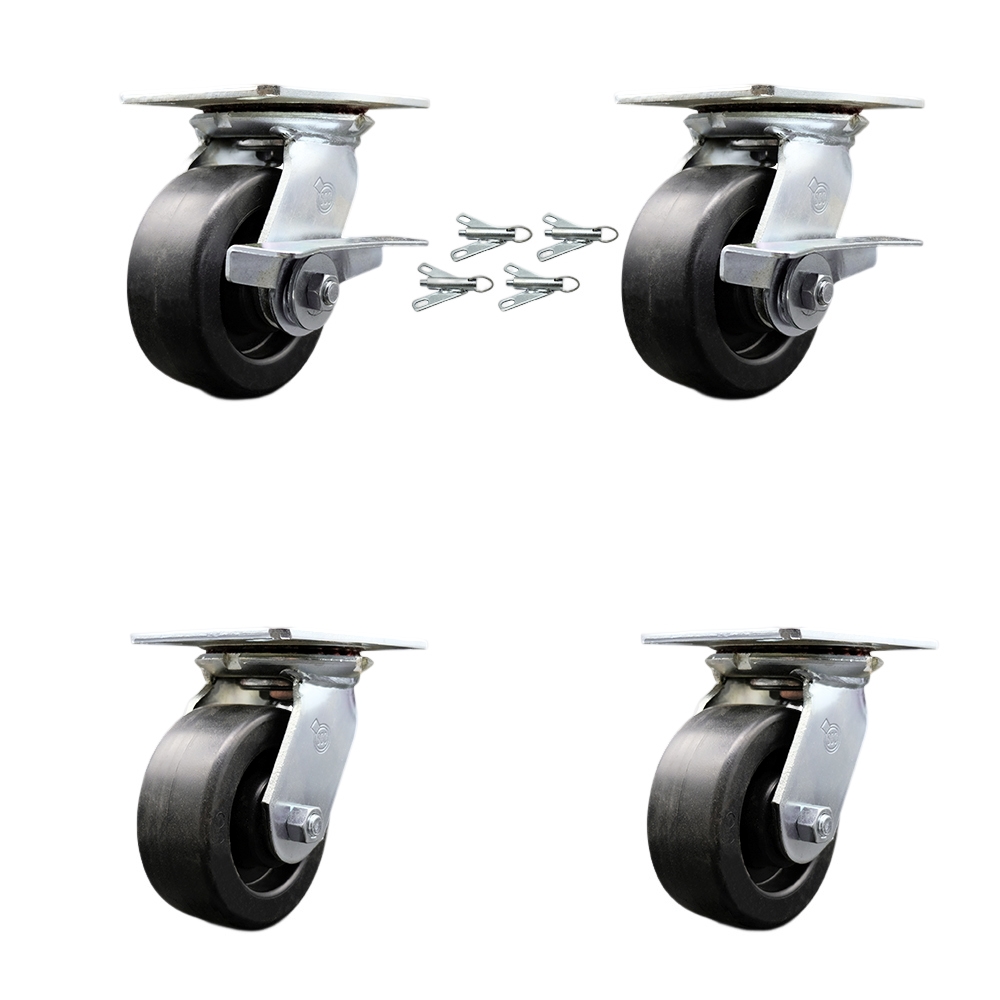 Heavy Duty Large Top Plate Polyolefin Swivel Caster Set 4 w/5" x 2" Black Wheels-Includes 2 Swvl w/Brakes and Bolt on Swvl Lcks& 2 Swvl w/Bolt on Swvl Lcks-2600 lbs Total Cpty- Service Caster Brand — photo 1