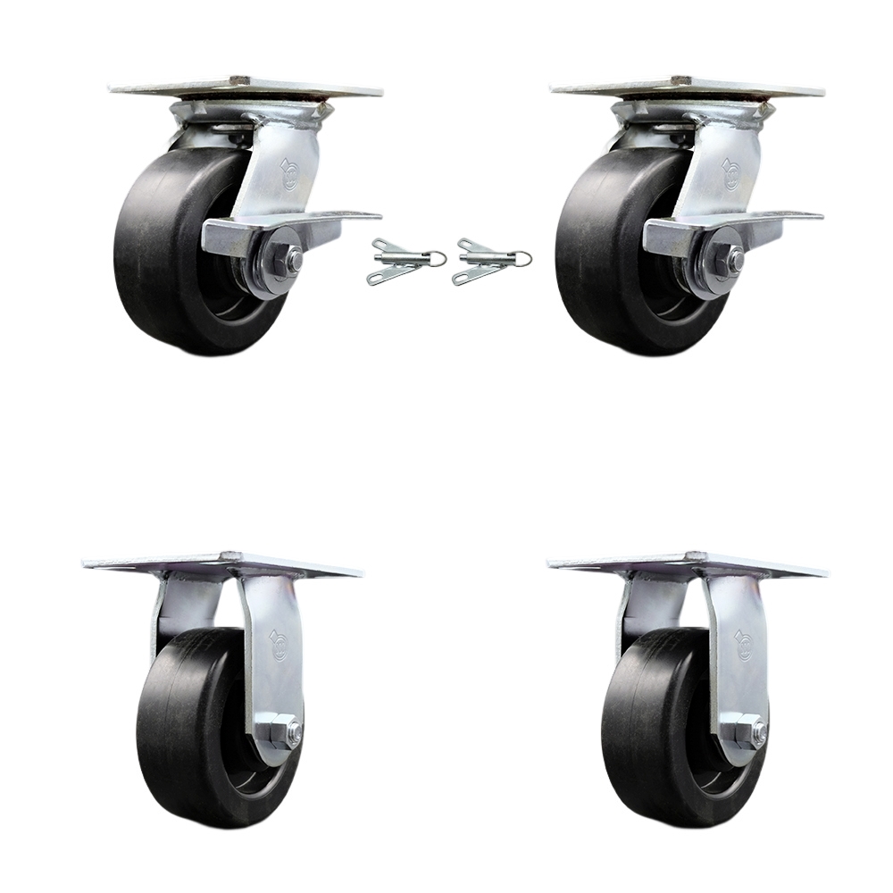 Heavy Duty Large Top Plate Polyolefin Swivel Caster Set of 4 w/5" x 2" Black Wheels - Includes 2 Swivel with Brakes and Bolt on Swivel Locks & 2 Rigid-2600 lbs Total Capacity - Service Caster Brand — photo 1