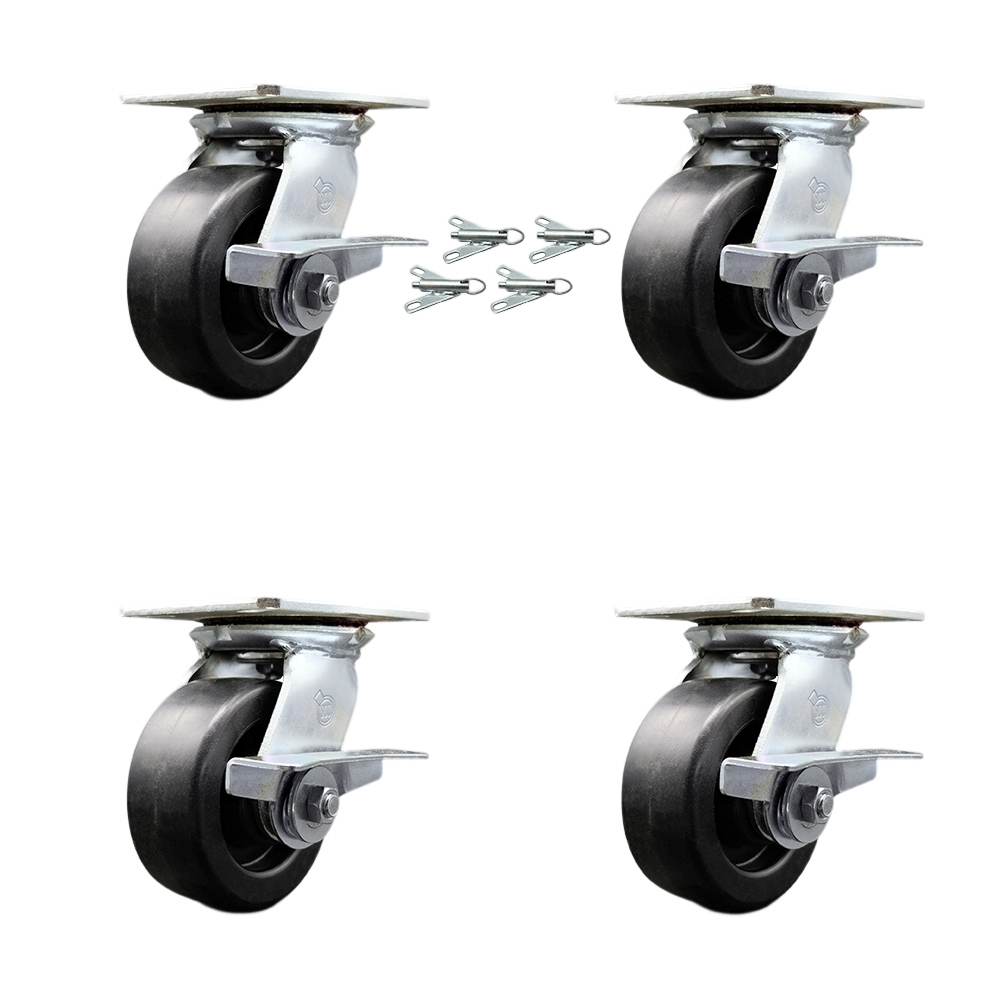 Heavy Duty Large Top Plate Polyolefin Swivel Caster w/Main. Free Bearings Set of 4 w/5" x 2" Black Wheels - Includes 4 Swivel w/Side Lck Brakes & Bolt on Swivel Locks - Service Caster Brand — photo 1