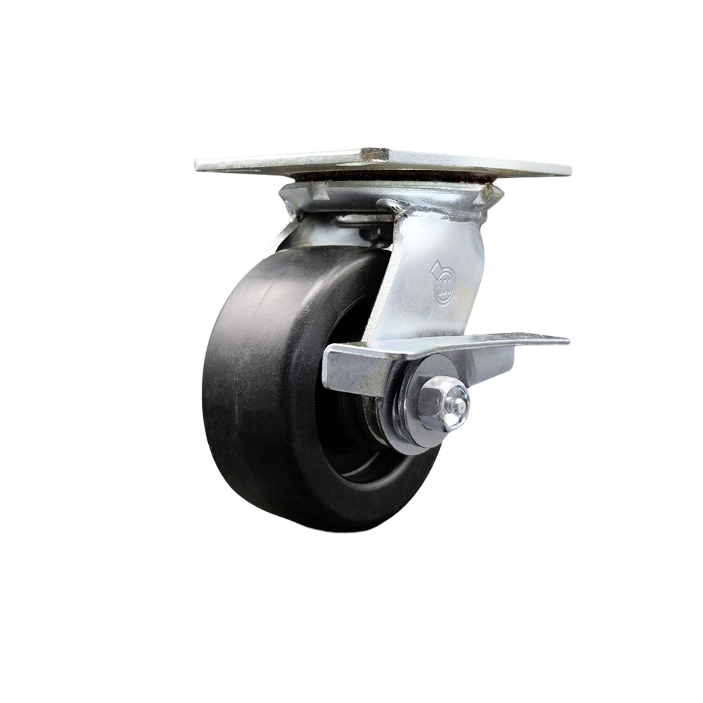 Heavy Duty Large Top Plate Polyolefin Swivel Caster w/Main. Free Bearings and 5" x 2" Black Wheel & Side Lck Brake - 650 lbs Capacity/Caster - Service Caster Brand — photo 1