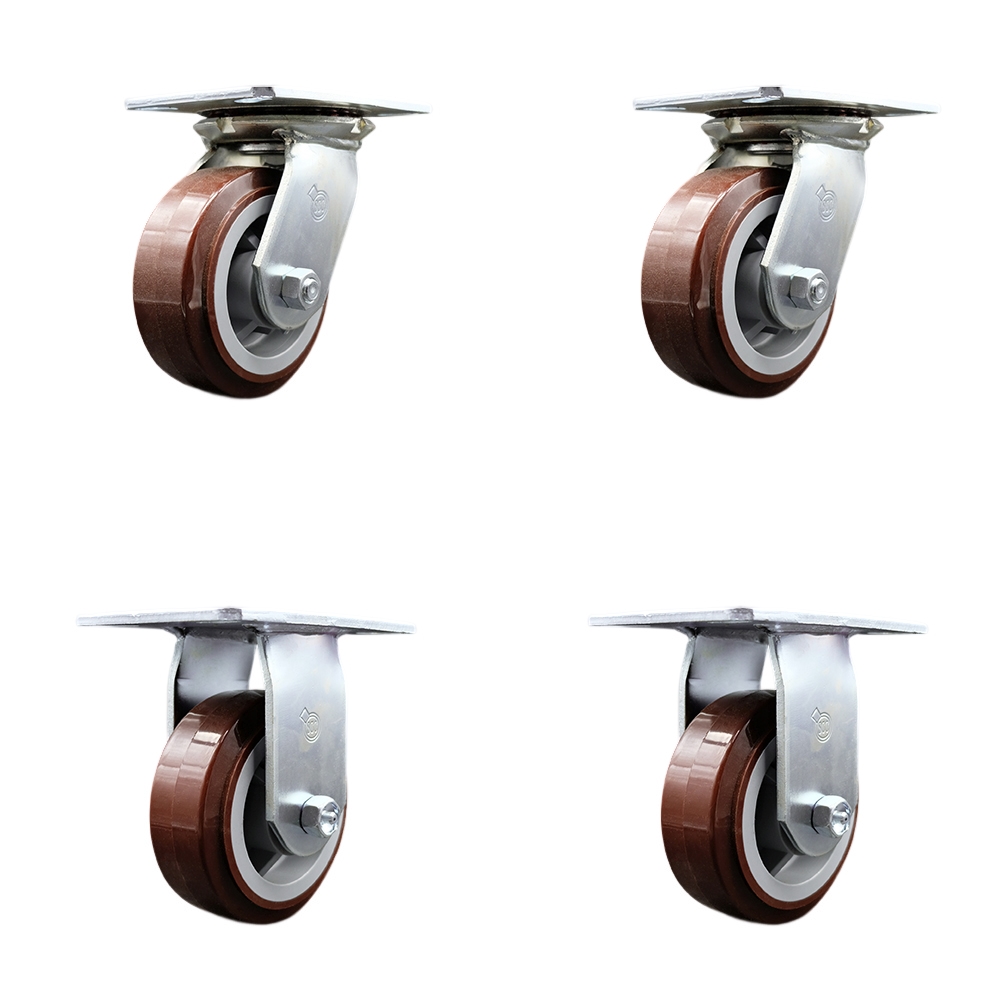 Heavy Duty Large Top Plate Polyurethane on Polyolefin Swivel Caster Set of 4 w/5" x 2" Maroon Wheels - Includes 2 Swivel & 2 Rigid - 3000 lbs Total Capacity - Service Caster Brand — photo 1