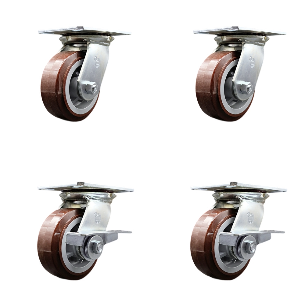 Heavy Duty Large Top Plate Polyurethane on Polyolefin Swivel Caster w/Main. Free Bearings Set of 4 w/5" x 2" Maroon Wheels-Includes 2 Swvl with Brakes&2 Swvl-3000 lbs Total Cpty - Service Caster Brand — photo 1