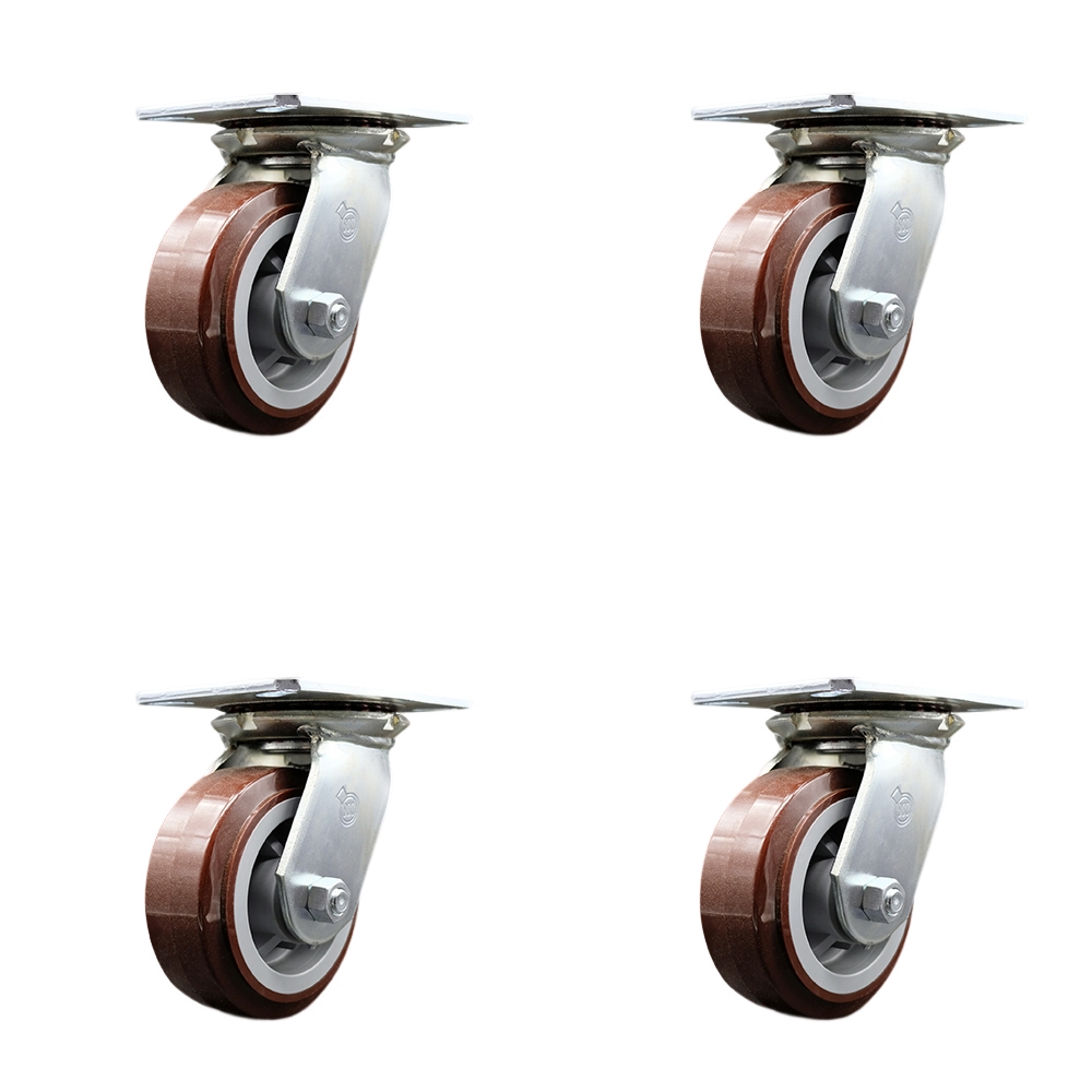 Heavy Duty Large Top Plate Polyurethane on Polyolefin Swivel Caster Set of 4 w/5" x 2" Maroon Wheels - Includes 4 Swivel - 3000 lbs Total Capacity - Service Caster Brand — photo 1