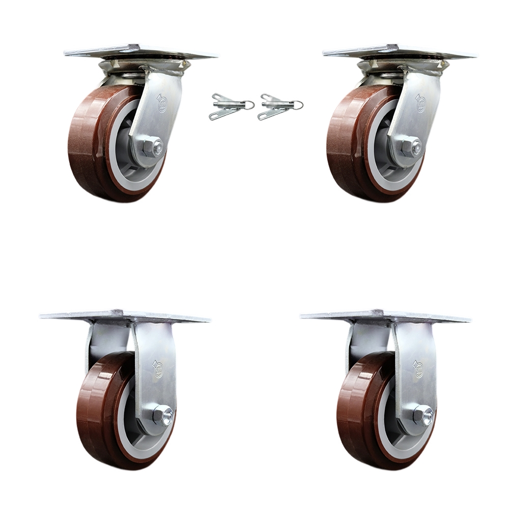 Heavy Duty Large Top Plate Polyurethane on Polyolefin Swivel Caster Set of 4 w/5" x 2" Maroon Wheels - Includes 2 Swivel with Bolt on Swivel Lcks&2 Rigid-3000 lbs Total Capacity - Service Caster Brand — photo 1