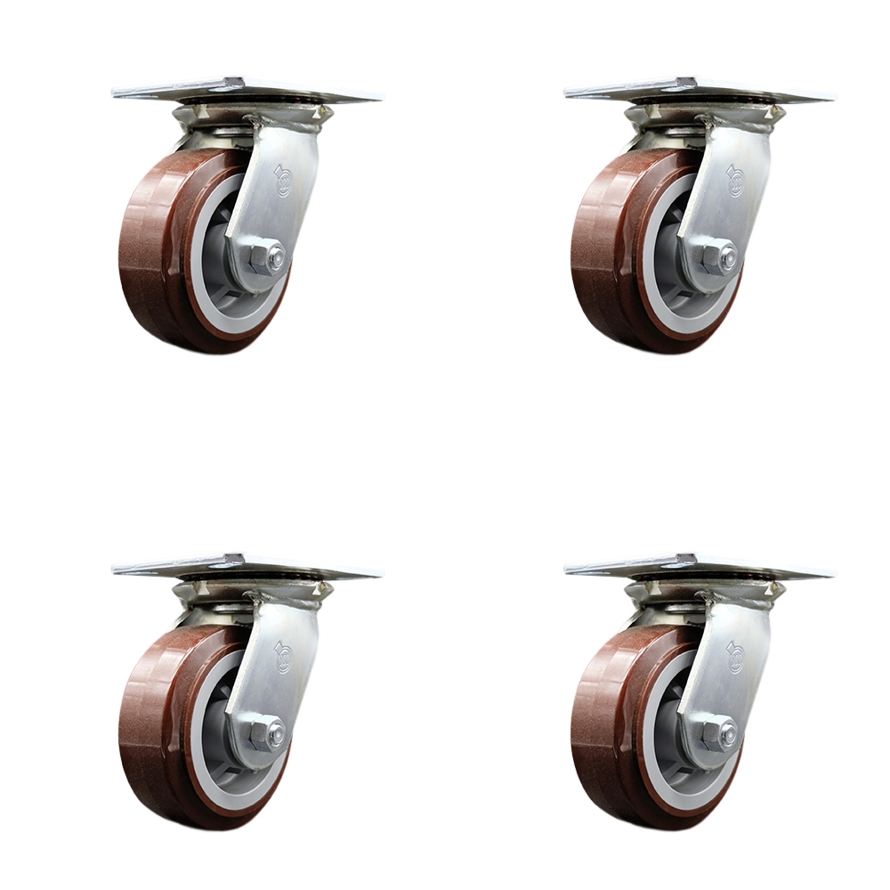 Heavy Duty Large Top Plate Polyurethane on Polyolefin Swivel Caster w/Main. Free Bearings Set of 4 w/5" x 2" Maroon Wheels-Includes 4 Swvl w/Bolt on Swvl Lcks-3000lbs Total Cpty - Service Caster Brand — photo 1