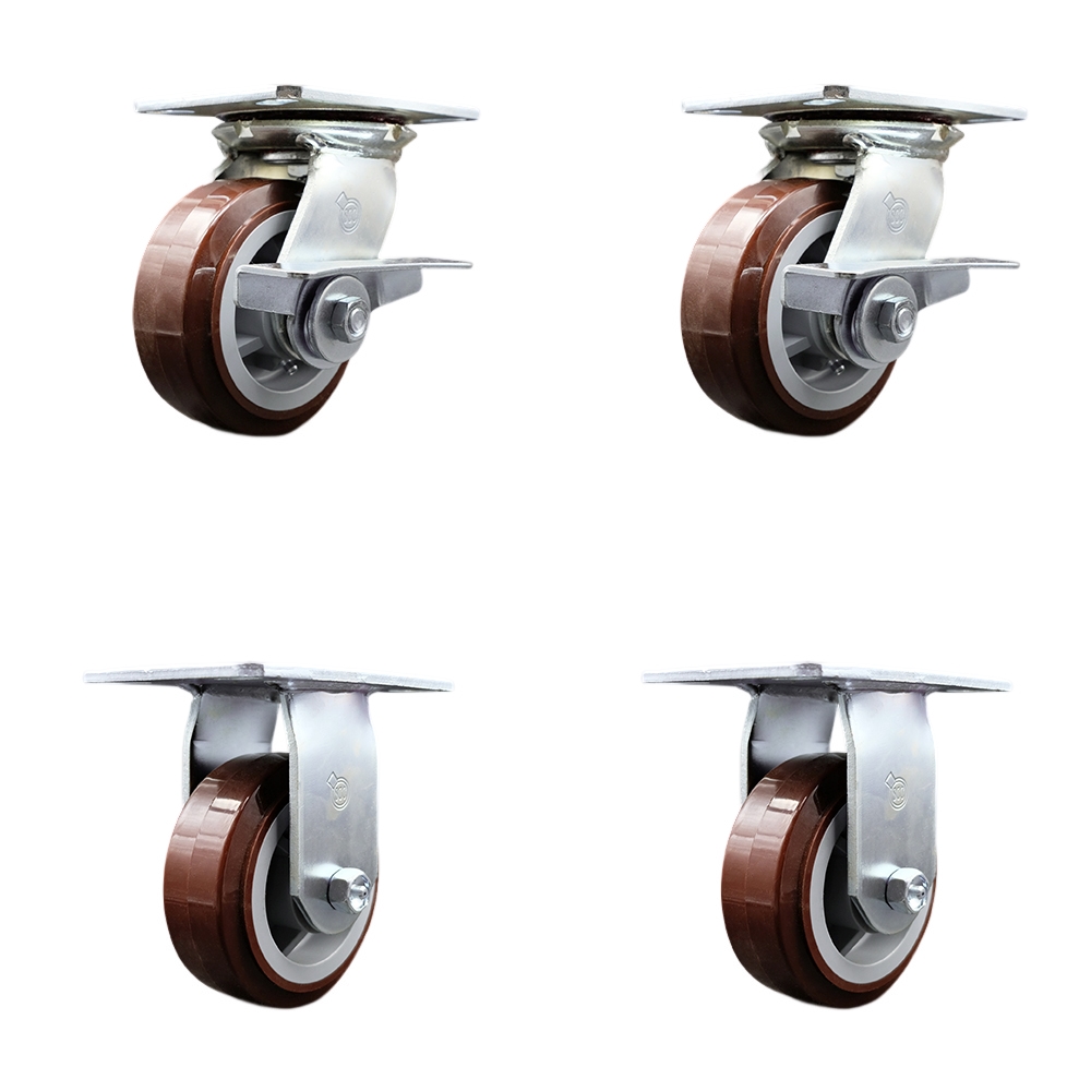 Heavy Duty Large Top Plate Polyurethane on Polyolefin Swivel Caster Set of 4 w/5" x 2" Maroon Wheels - Includes 2 Swivel with Brakes & 2 Rigid - 3000 lbs Total Capacity - Service Caster Brand — photo 1