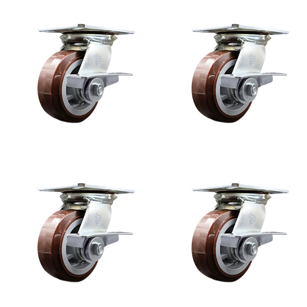 Heavy Duty Large Top Plate Polyurethane on Polyolefin Swivel Caster Set of 4 w/5" x 2" Maroon Wheels - Includes 4 Swivel w/Side Lck Brakes - 3000 lbs Total Capacity - Service Caster Brand — photo 1