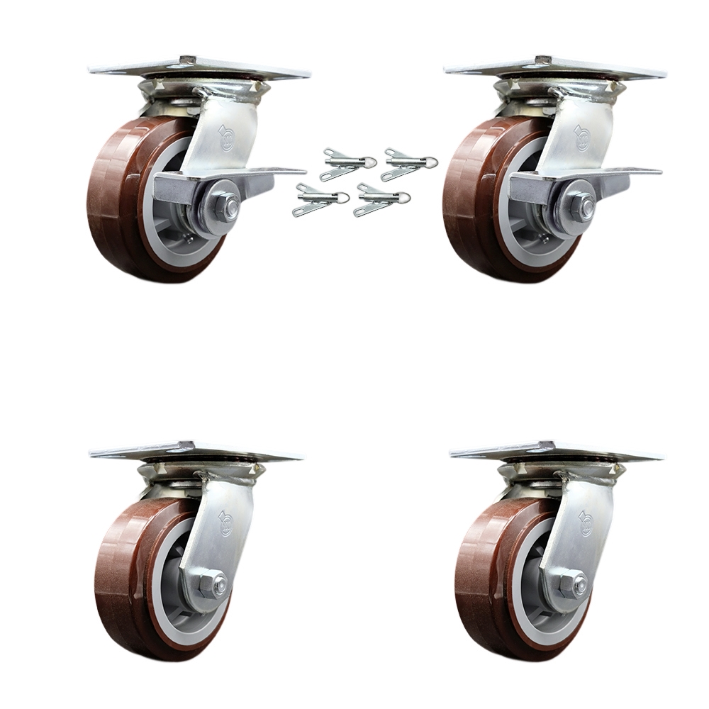 Heavy Duty Large Top Plate Poly on Polyolefin Swivel Caster w/Main. Free Bearing Set 4 w/5" x 2" Maroon Wheel-Includes 2 Swvl w/BRKs and Bolt on Swvl Lck&2 Swvl w/Bolt on Swvl Lck-Service Caster Brand — photo 1