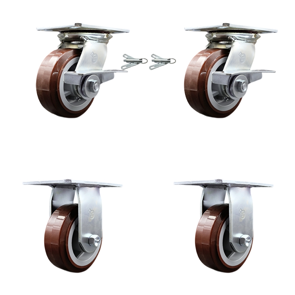 Heavy Duty Large Top Plate Polyurethane on Polyolefin Swivel Caster w/Main. Free Bearings Set of 4 w/5" x 2" Maroon Wheels-Includes 2 Swvl with Brakes and Bolt on Swvl Lck&2 Rigid-Service Caster Brand — photo 1