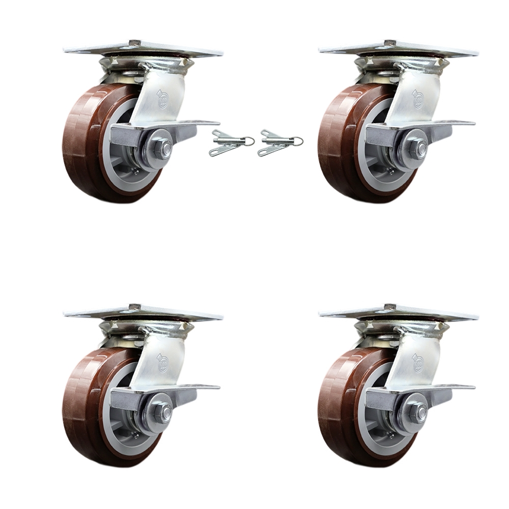 Heavy Duty Large Top Plate Poly on Polyolefin Swivel Caster Set 4 w/5" x 2" Maroon Wheels-Includes 2 Swivel w/Brakes and Bolt on Swvl Lcks&2 Swvl with Brakes-3000 lbs Total Cpty - Service Caster Brand — photo 1