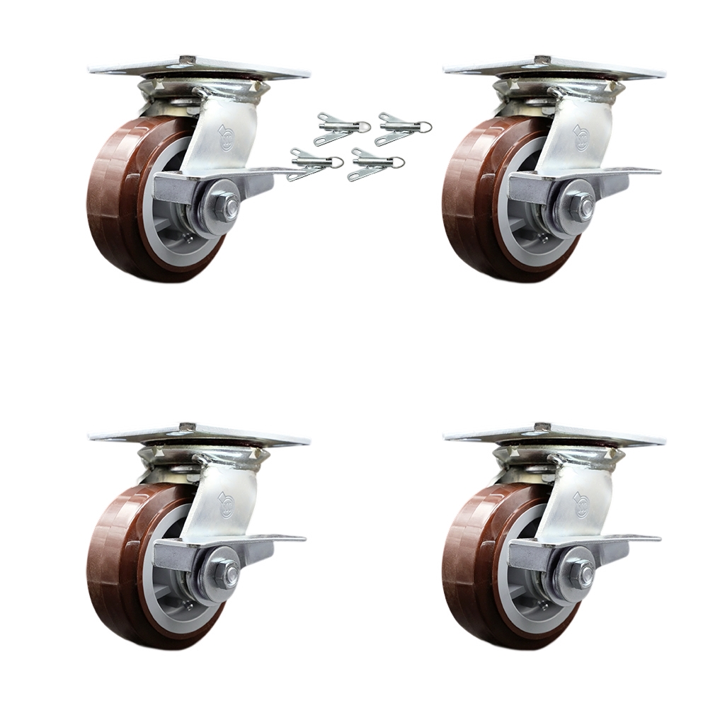 Heavy Duty Large Top Plate Polyurethane on Polyolefin Swivel Caster Set of 4 w/5" x 2" Maroon Wheels - Includes 4 Swivel w/Side Lck Brakes&Bolt on Swvl Lcks-3000lbs Total Capacity-Service Caster Brand — photo 1