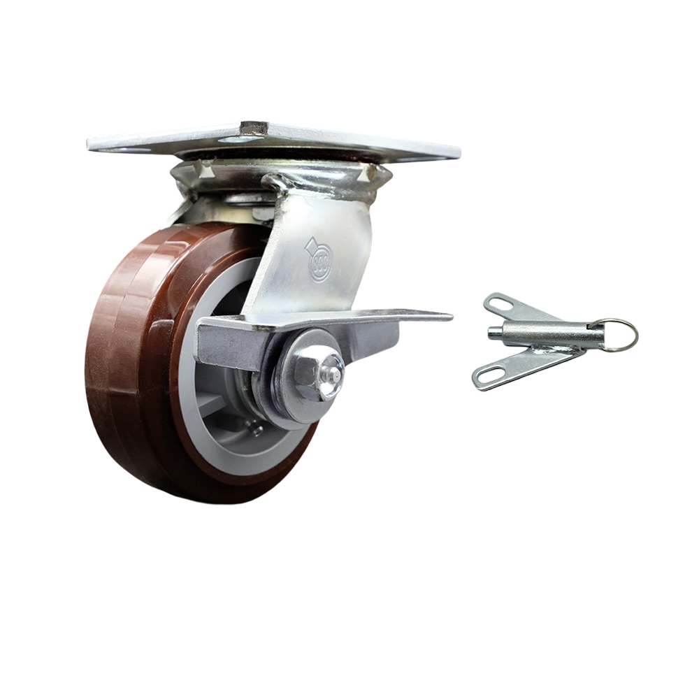 Heavy Duty Large Top Plate Polyurethane on Polyolefin Swivel Caster w/5" x 2" Maroon Wheel & Side Lck Brake and Bolt on Swivel Lock - 750 lbs Capacity/Caster - Service Caster Brand — photo 1