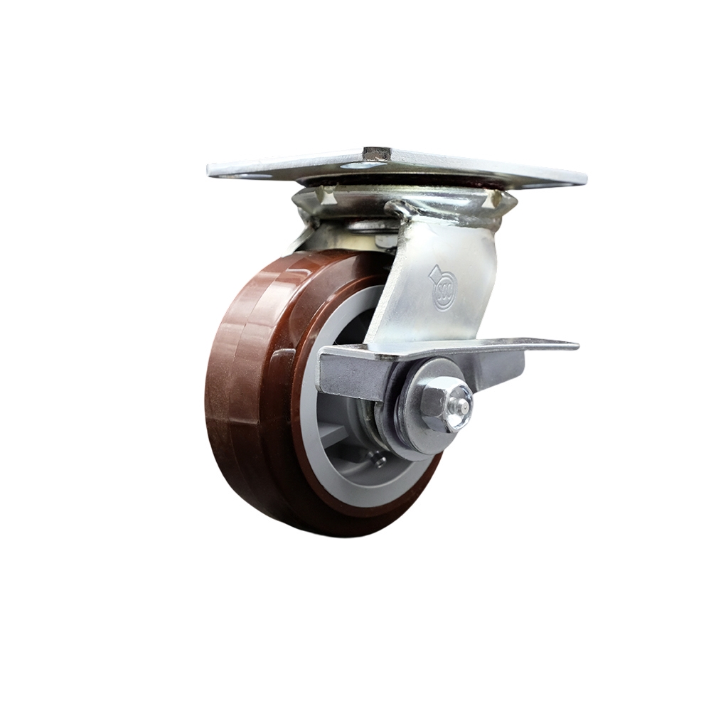 Heavy Duty Large Top Plate Polyurethane on Polyolefin Swivel Caster w/5" x 2" Maroon Wheel & Side Lck Brake - 750 lbs Capacity/Caster - Service Caster Brand — photo 1