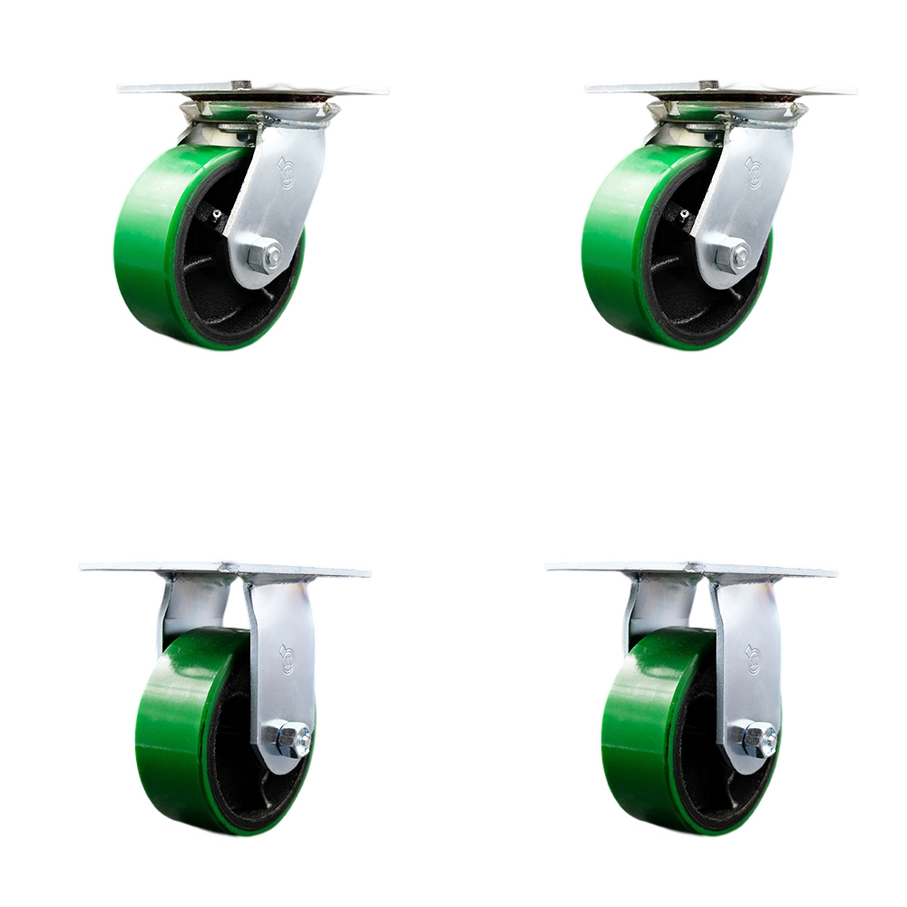 Heavy Duty Large Top Plate Polyurethane on Cast Iron Swivel Caster Set of 4 w/5" x 2" Green Wheels - Includes 2 Swivel & 2 Rigid - 3600 lbs Total Capacity - Service Caster Brand — photo 1