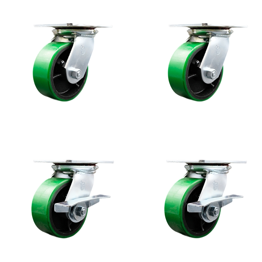 Heavy Duty Large Top Plate Polyurethane on Cast Iron Swivel Caster w/Main. Free Bearings Set of 4 w/5" x 2" Green Wheels - Includes 2 Swivel with Brakes & 2 Swivel - Service Caster Brand — photo 1