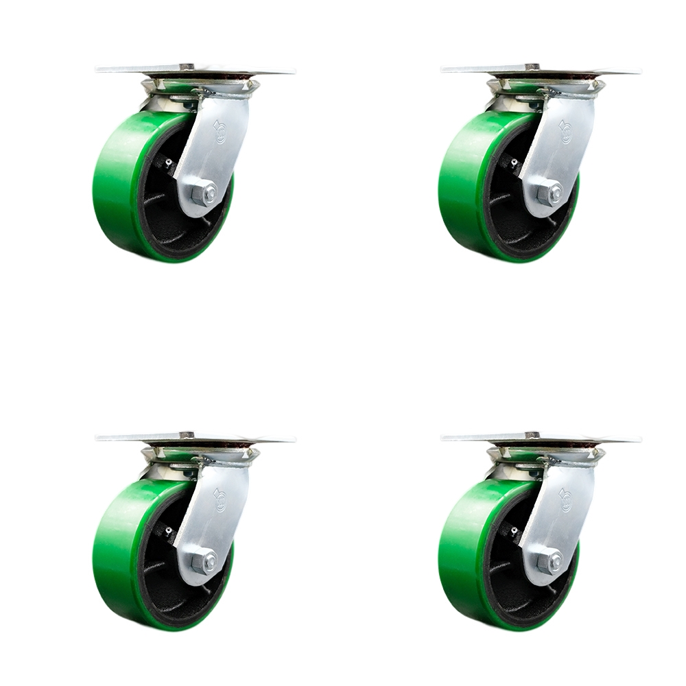 Heavy Duty Large Top Plate Polyurethane on Cast Iron Swivel Caster Set of 4 w/5" x 2" Green Wheels - Includes 4 Swivel - 3600 lbs Total Capacity - Service Caster Brand — photo 1