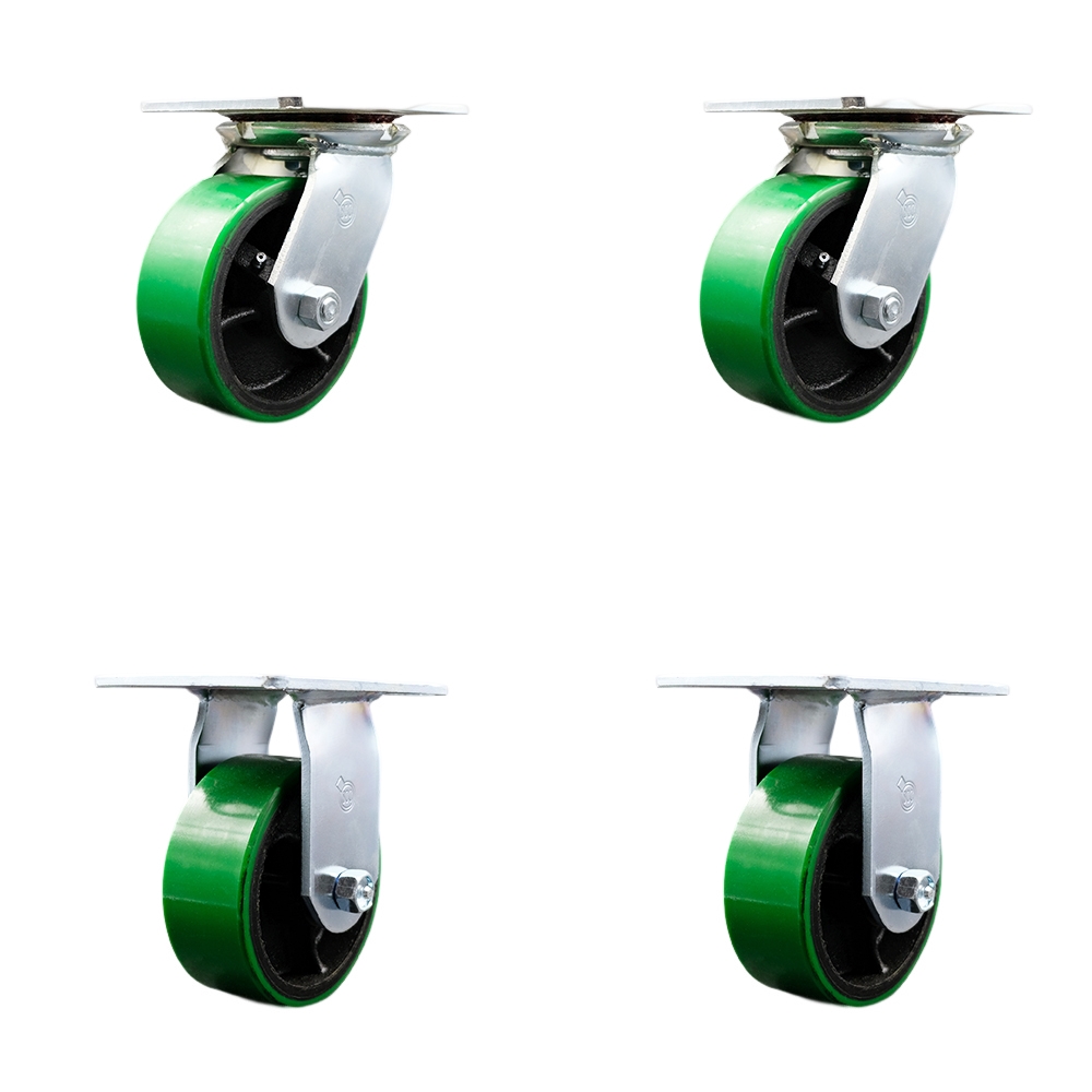 Heavy Duty Large Top Plate Polyurethane on Cast Iron Swivel Caster Set of 4 w/5" x 2" Green Wheels - Includes 2 Swivel with Bolt on Swivel Locks&2 Rigid - 3600lbs Total Capacity - Service Caster Brand — photo 1