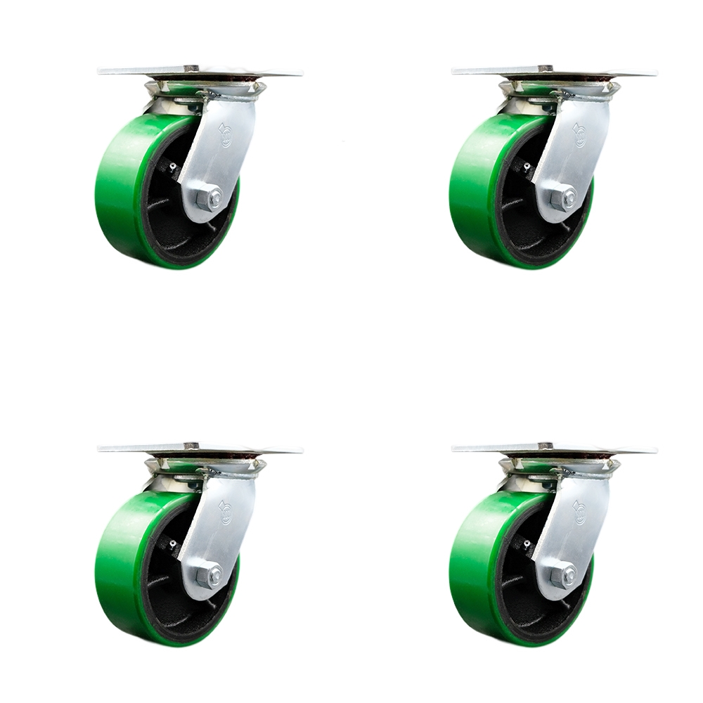 Heavy Duty Large Top Plate Polyurethane on Cast Iron Swivel Caster Set of 4 w/5" x 2" Green Wheels - Includes 4 Swivel w/Bolt on Swivel Locks - 3600 lbs Total Capacity - Service Caster Brand — photo 1