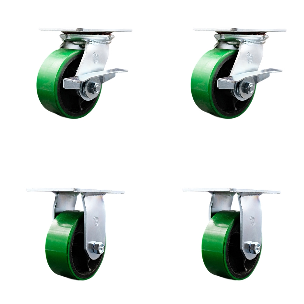 Heavy Duty Large Top Plate Polyurethane on Cast Iron Swivel Caster w/Main. Free Bearings Set of 4 w/5" x 2" Green Wheels - Includes 2 Swivel with Brakes & 2 Rigid - Service Caster Brand — photo 1