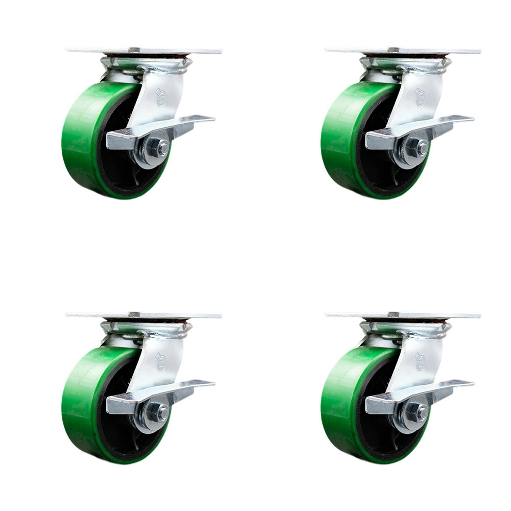 Heavy Duty Large Top Plate Polyurethane on Cast Iron Swivel Caster w/Main. Free Bearings Set of 4 w/5" x 2" Green Wheels - Includes 4 Swivel w/Side Lck Brakes-4000lbs Total Cpty - Service Caster Brand — photo 1