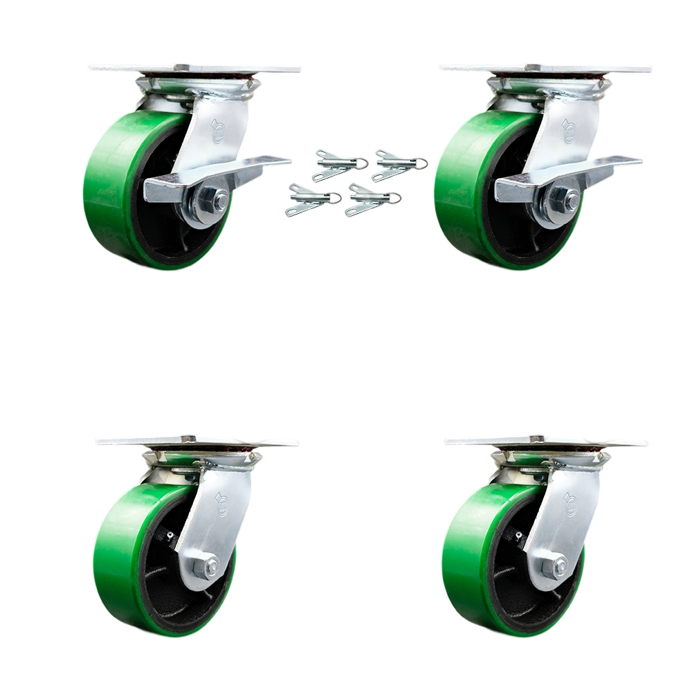 Heavy Duty Large Top Plate Poly on Cast Iron Swivel Caster w/Main. Free Bearings Set 4 w/5" x 2" Green Wheel-Includes 2 Swvl w/BRKs and Bolt on Swvl Lck&2 Swvl w/Bolt on Swvl Lck- Service Caster Brand — photo 1