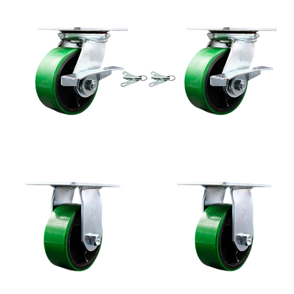 Heavy Duty Large Top Plate Polyurethane on Cast Iron Swivel Caster Set of 4 w/5" x 2" Green Wheels - Includes 2 Swivel with Brakes and Bolt on Swvl Lcks&2 Rigid-3600lbs Total Cpty-Service Caster Brand — photo 1
