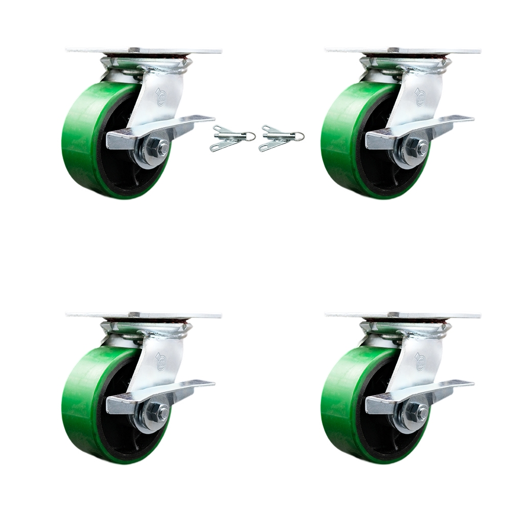 Heavy Duty Large Top Plate Poly on Cast Iron Swivel Caster w/Main. Free Bearings Set 4 w/5" x 2" Green Wheels-Includes 2 Swvl with Brakes and Bolt on Swvl Lcks&2 Swvl with Brakes- Service Caster Brand — photo 1