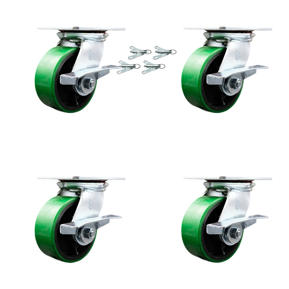 Heavy Duty Large Top Plate Polyurethane on Cast Iron Swivel Caster Set of 4 w/5" x 2" Green Wheels - Includes 4 Swivel w/Side Lck Brakes&Bolt on Swvl Lcks-3600lbs Total Capacity - Service Caster Brand — photo 1