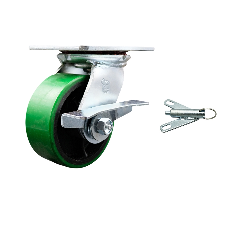 Heavy Duty Large Top Plate Polyurethane on Cast Iron Swivel Caster w/Main. Free Bearings and 5" x 2" Green Wheel & Side Lck Brake and Bolt on Swivel Lck-1000 lbs Capacity/Caster - Service Caster Brand — photo 1