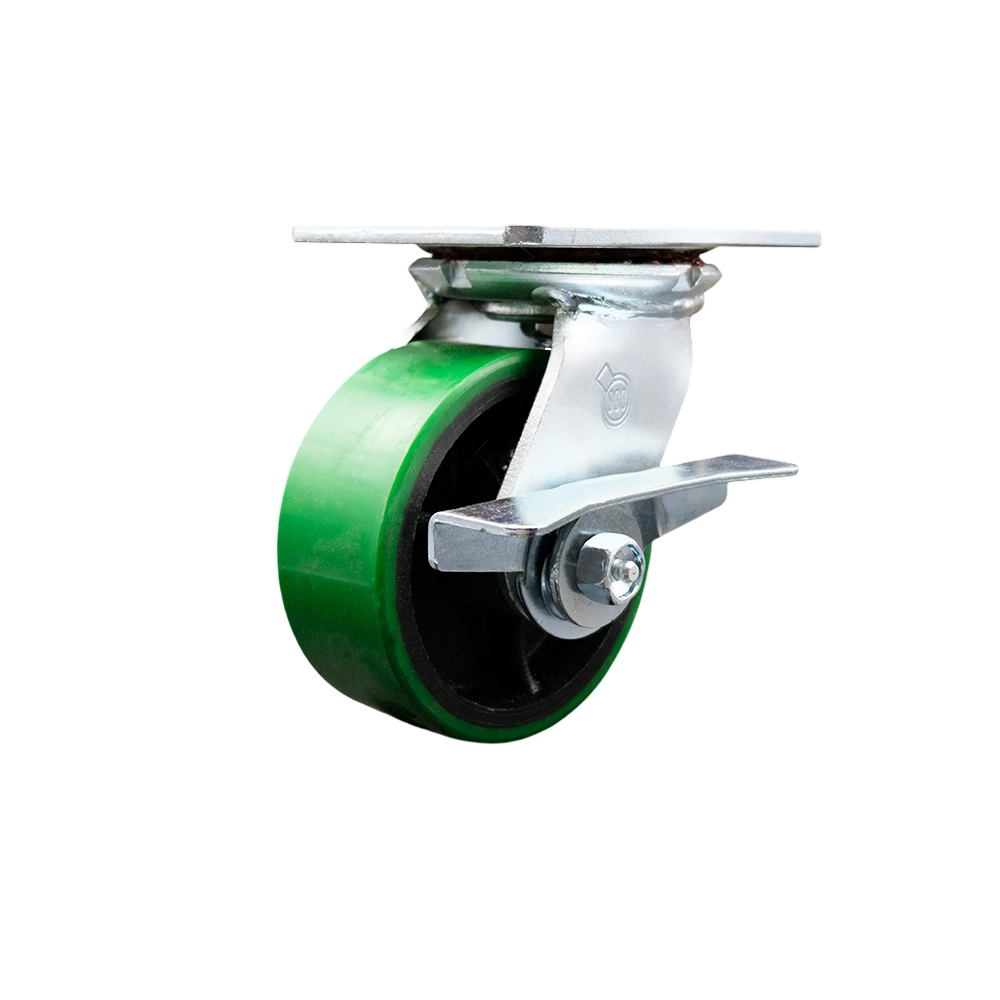 Heavy Duty Large Top Plate Polyurethane on Cast Iron Swivel Caster w/Main. Free Bearings and 5" x 2" Green Wheel & Side Lck Brake - 900 lbs Capacity/Caster - Service Caster Brand — photo 1