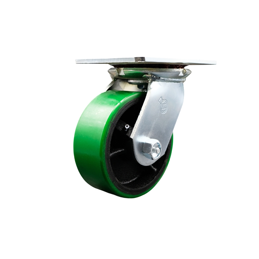 Heavy Duty Large Top Plate Polyurethane on Cast Iron Swivel Caster w/5" x 2" Green Wheel - 900 lbs Capacity/Caster - Service Caster Brand — photo 1