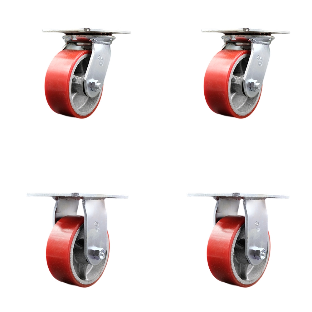 Heavy Duty Large Top Plate Polyurethane on Cast Iron Swivel Caster Set of 4 w/5" x 2" Red Wheels - Includes 2 Swivel & 2 Rigid - 3600 lbs Total Capacity - Service Caster Brand — photo 1
