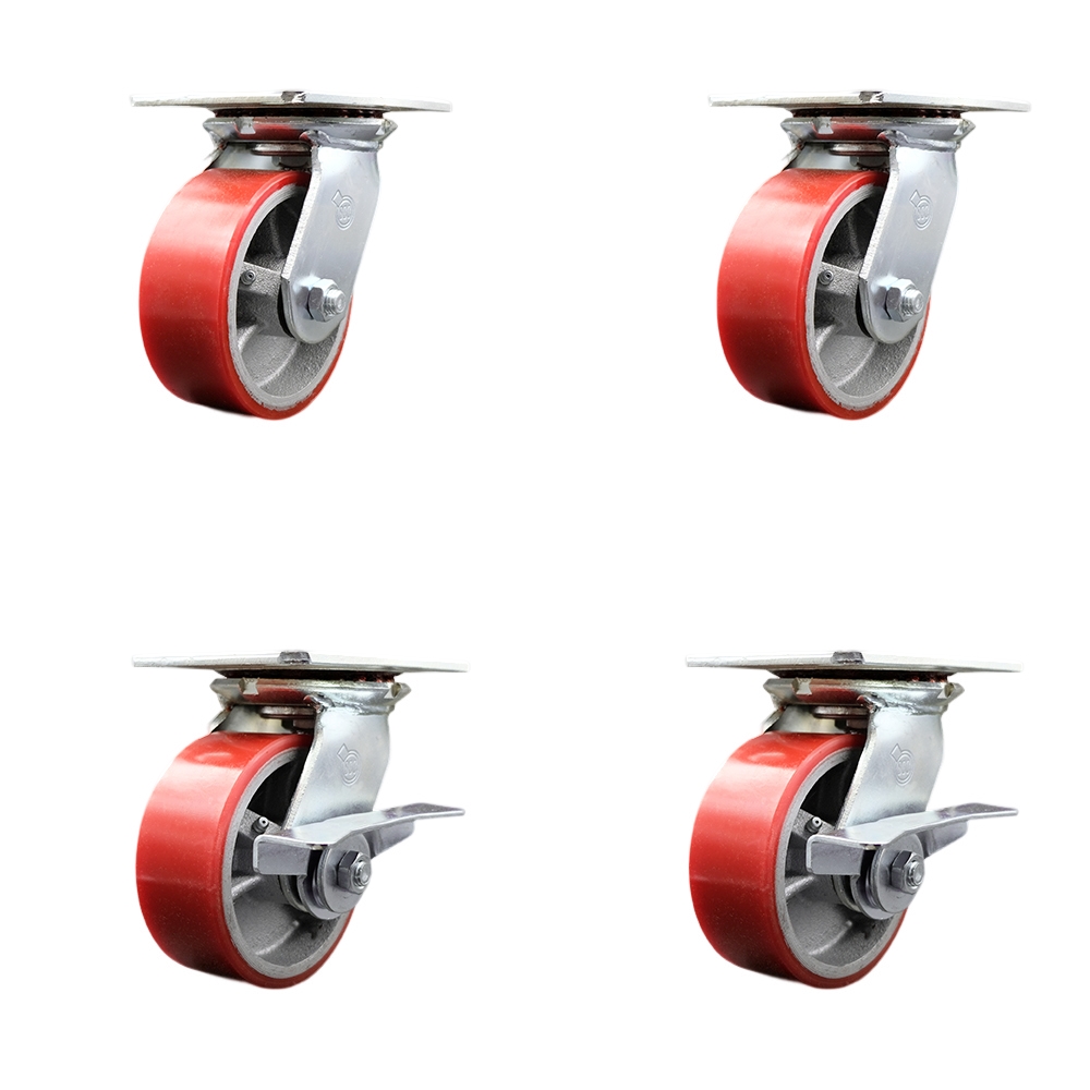 Heavy Duty Large Top Plate Polyurethane on Cast Iron Swivel Caster Set of 4 w/5" x 2" Red Wheels - Includes 2 Swivel with Brakes & 2 Swivel - 3600 lbs Total Capacity - Service Caster Brand — photo 1